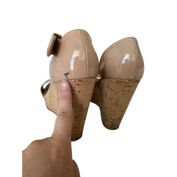 Stuart Weitzman Nude Patent Leather Cork Wedge Platform Sandals 9M Made in Spain - Picture 7 of 12